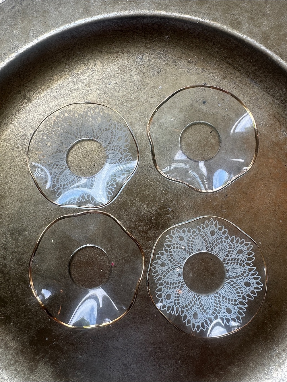 Set of 2 Clear fluted Glass and  2 patterned fluted bobeches all with gold trim